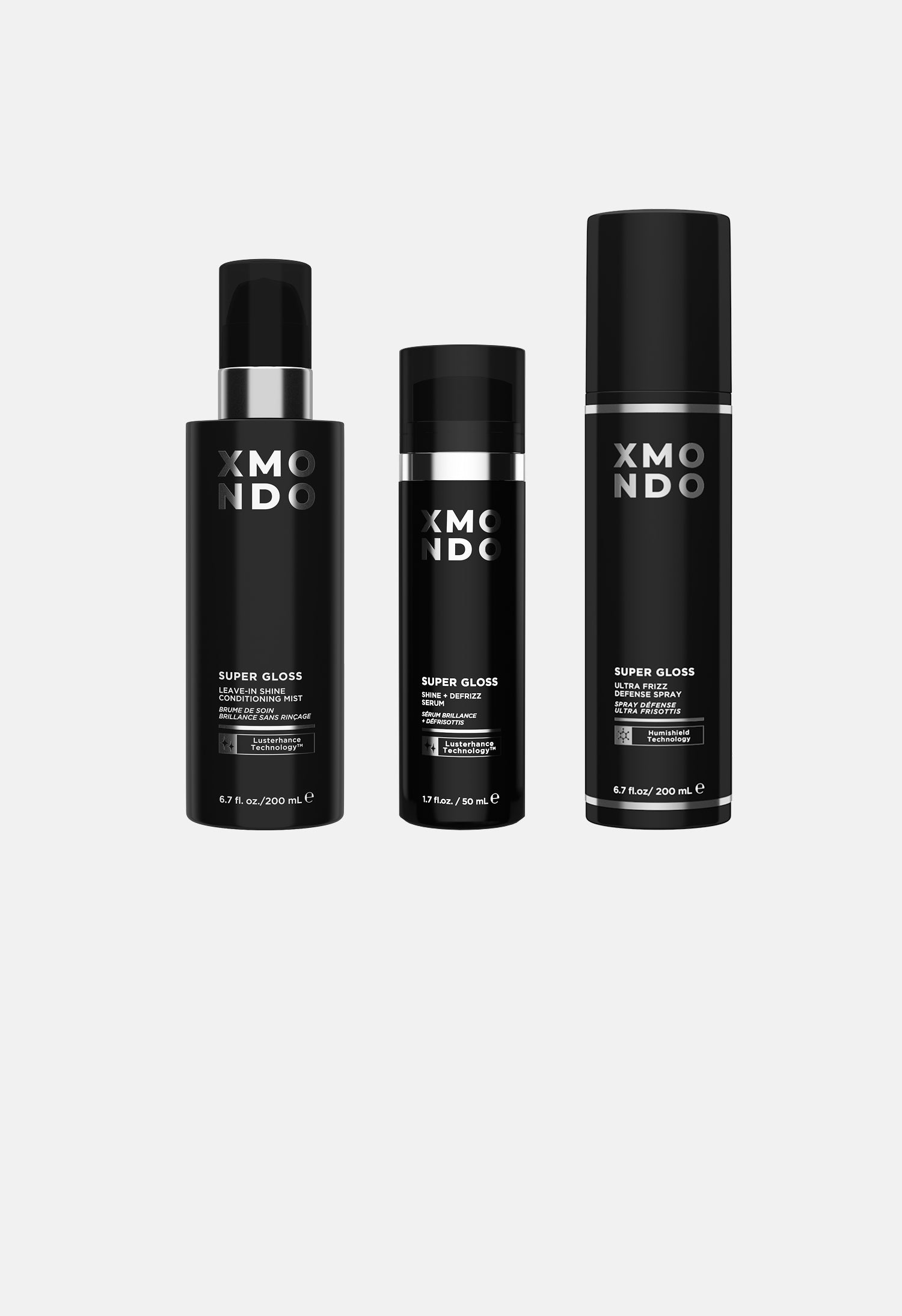 Three black bottles of XMONDO hair product on a white background