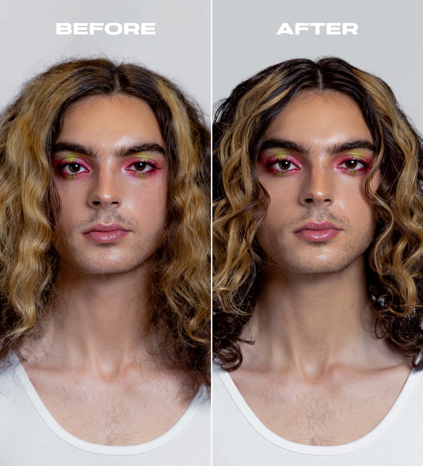 Male model examples of hair before and after using Wavetech Wave System Bundle