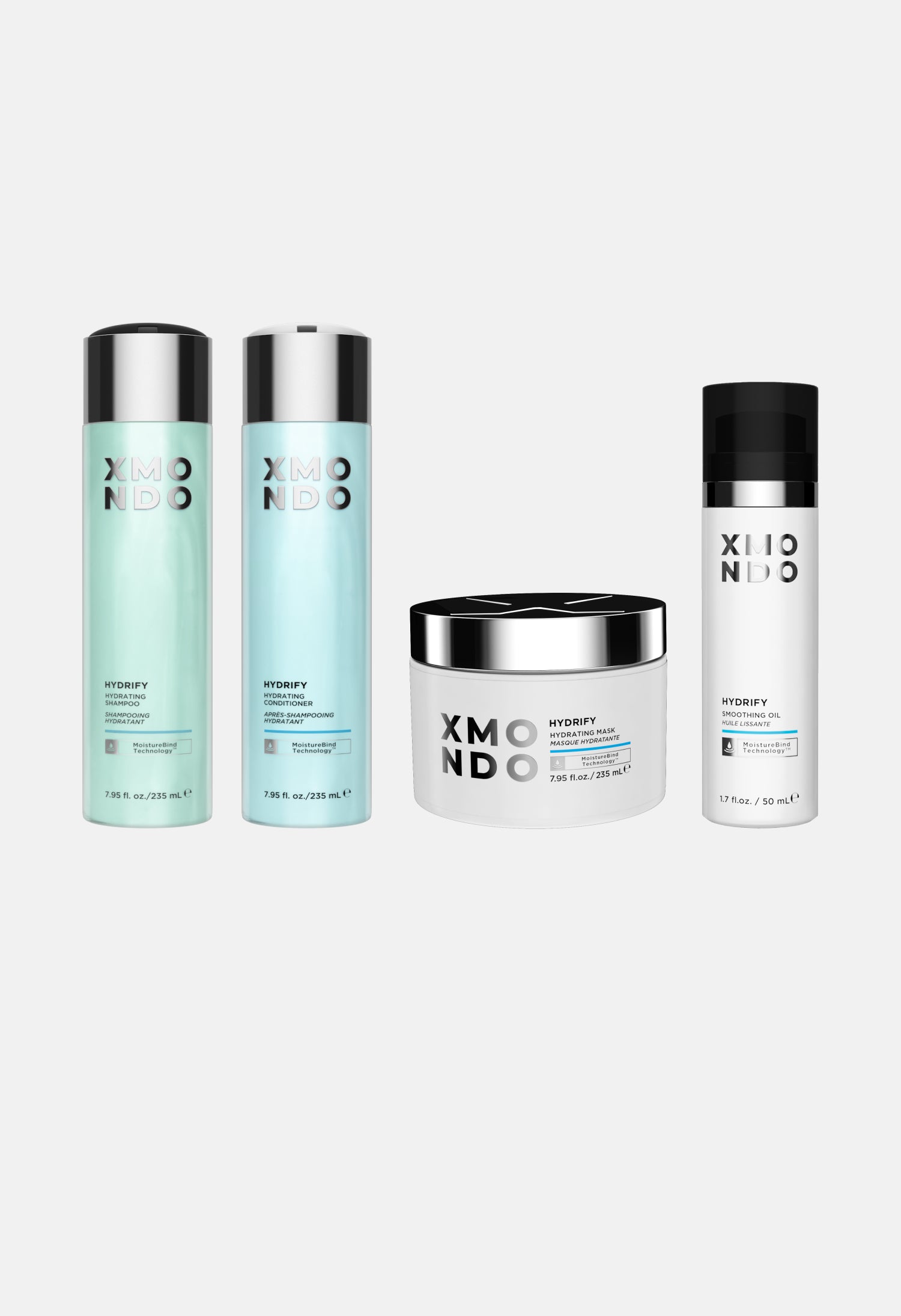 Set of XMONDO hair care products on a white background