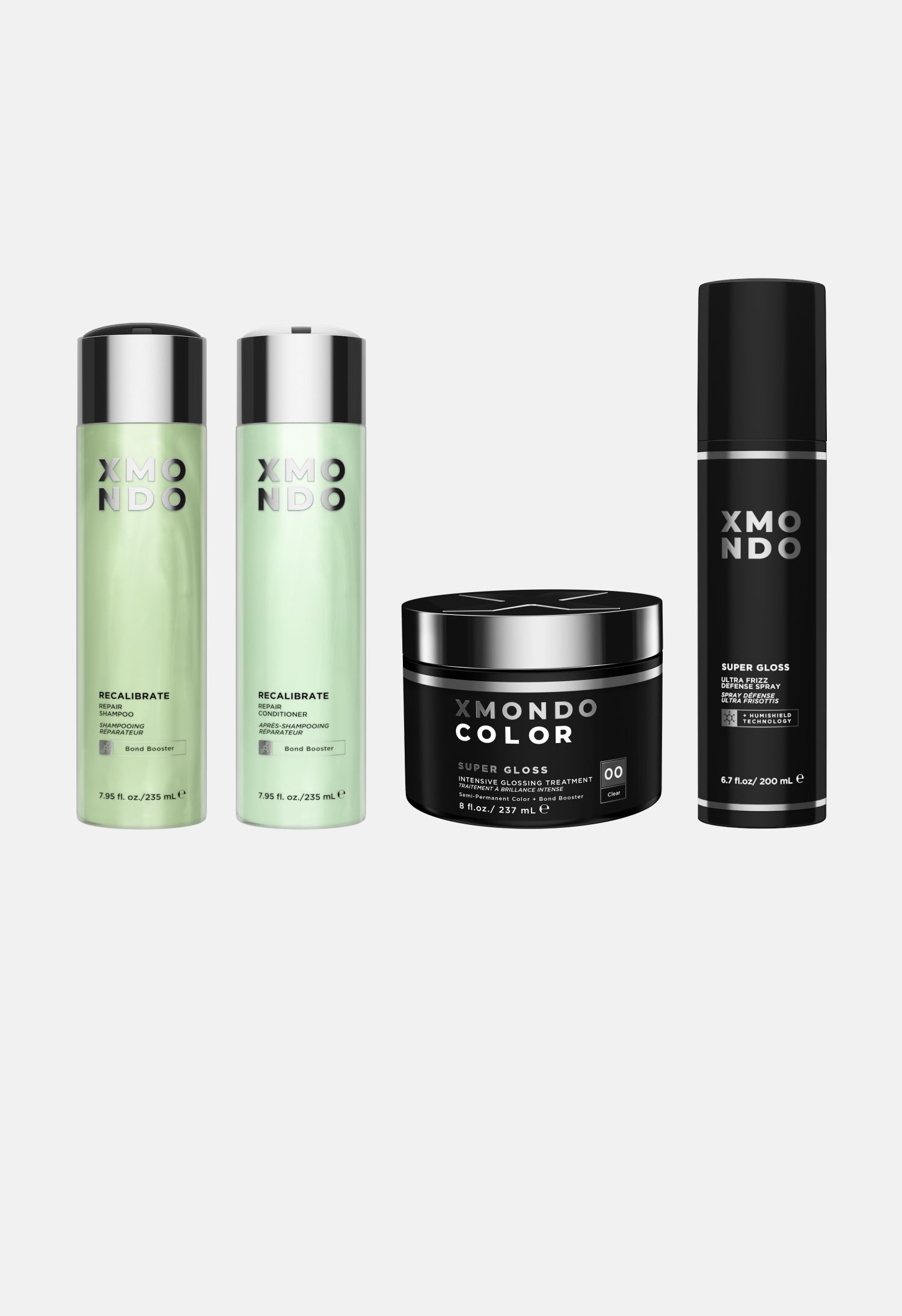 Set of XMONDO hair care products including bottles and a jar on a white background