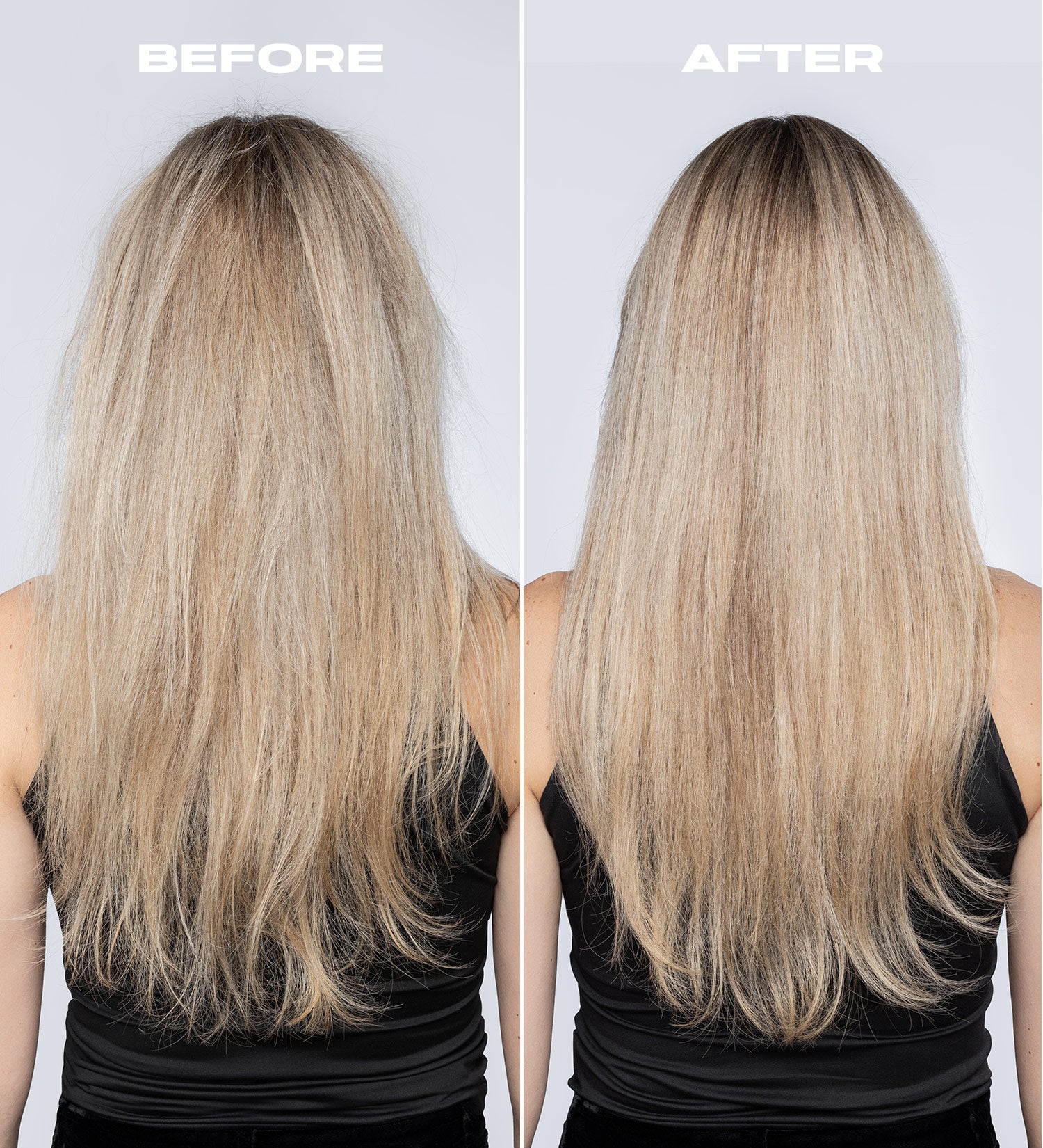 Before and after blonde hair model after using Recalibrate Bond Repair Leave-In Cream