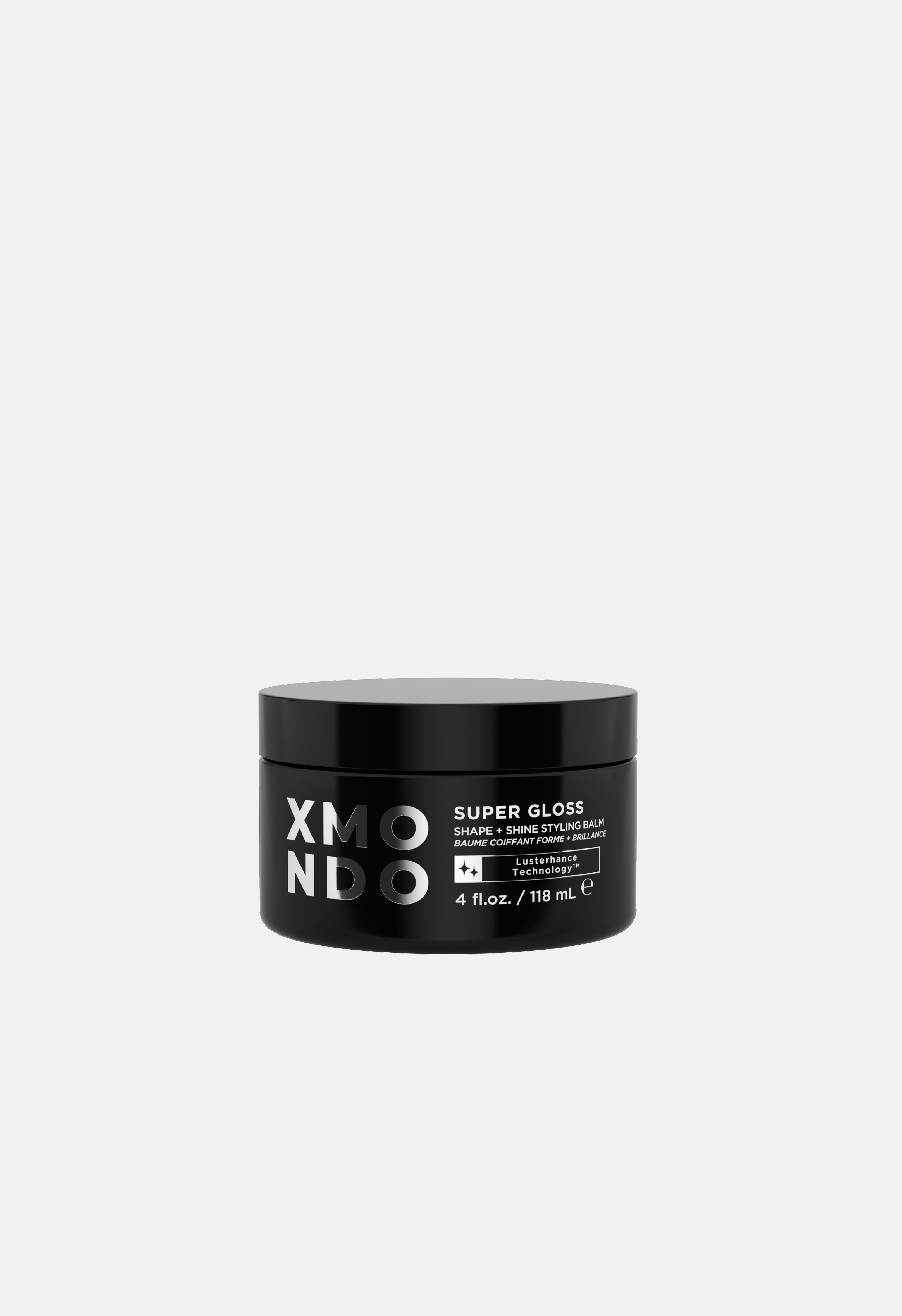 Black jar of XMONDO Super Gloss on a white background