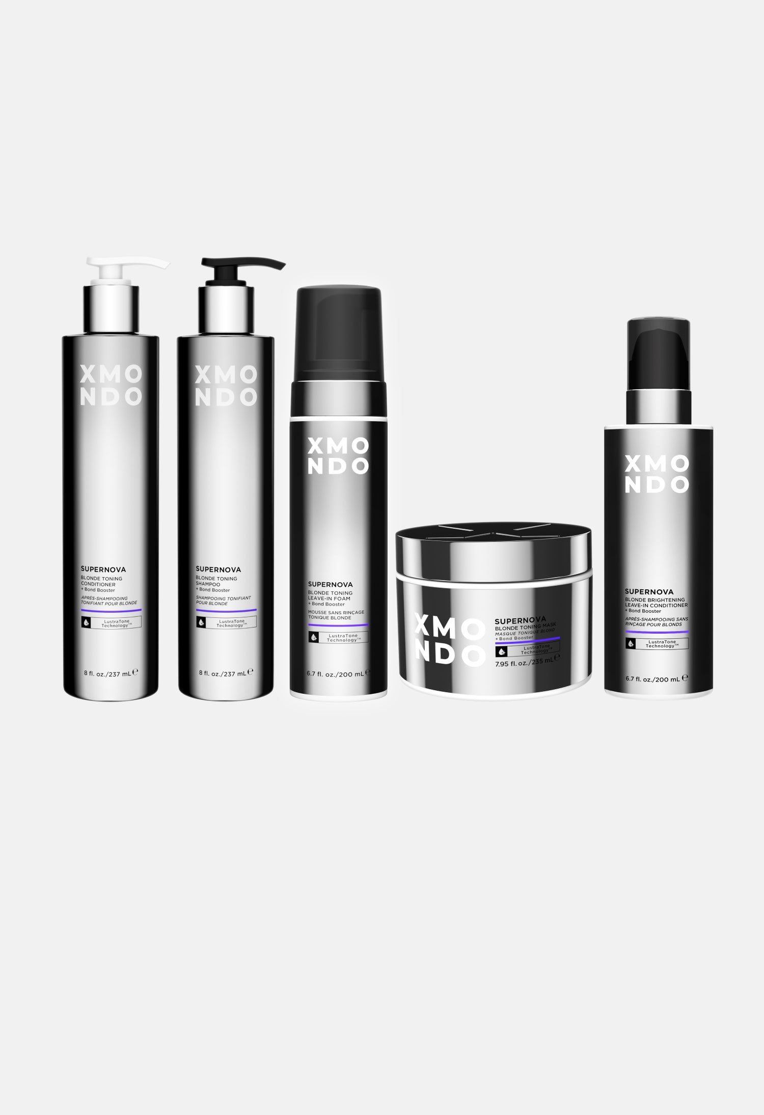 Set of Xmondo hair care products on a white background