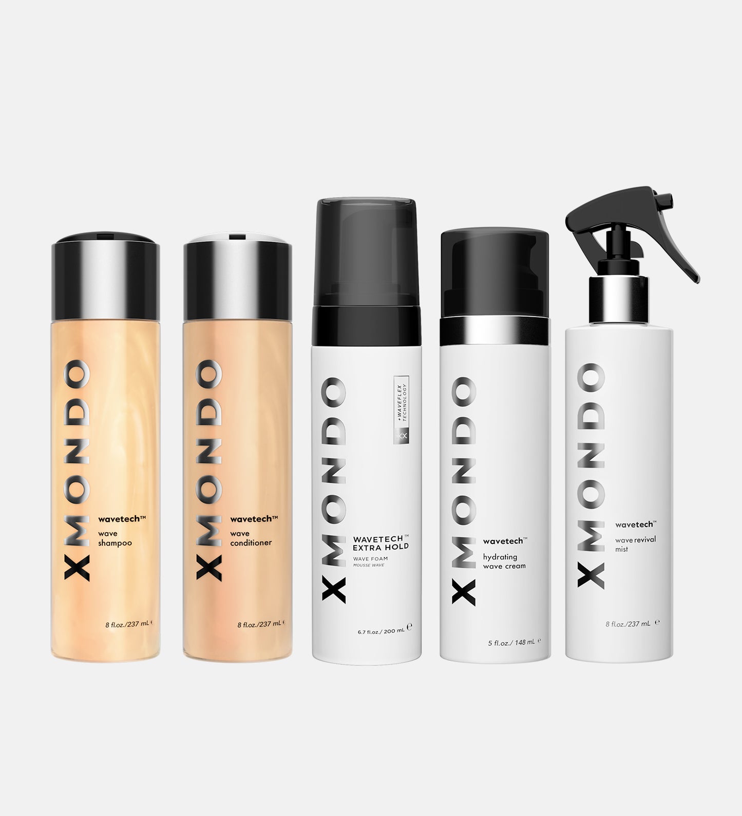 Product bundle showing wavetech wave shampoo, wave conditioner, hydrating wave cream, wave foam, and wave revival mist on white background