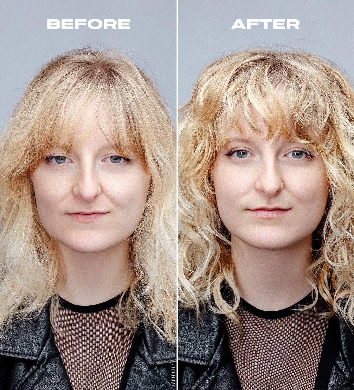 Female model examples of hair before and after using Wavetech Wave System Bundle