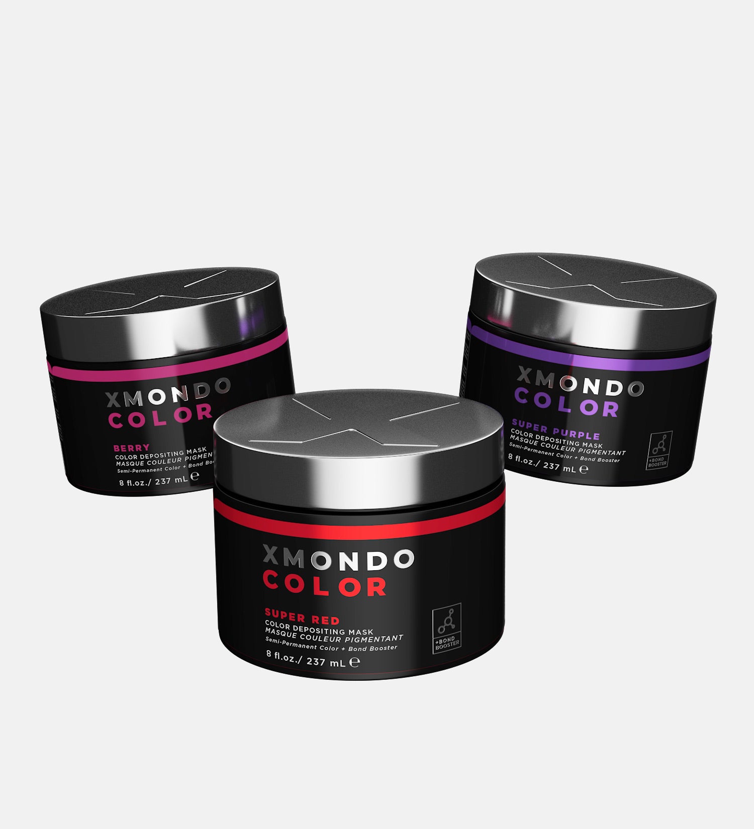 Product shot of Super Red, Berry, and Super Purple hair healing color on white background