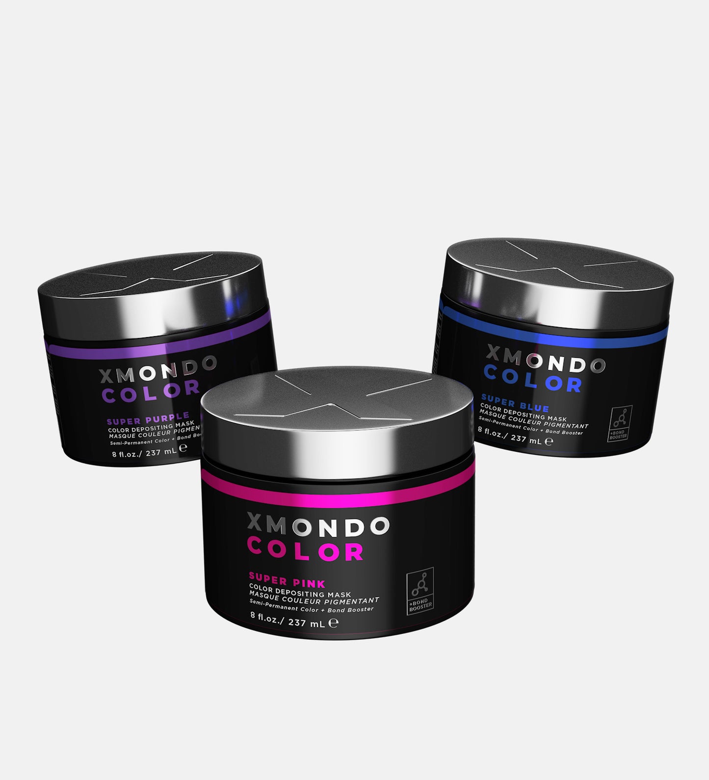 Product shot of Super Blue, Super Pink, and Super Purple hair healing color on white background