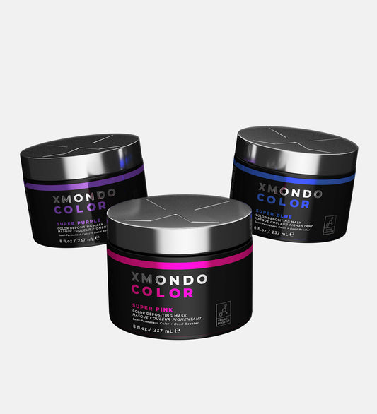 Product shot of Super Blue, Super Pink, and Super Purple hair healing color on white background