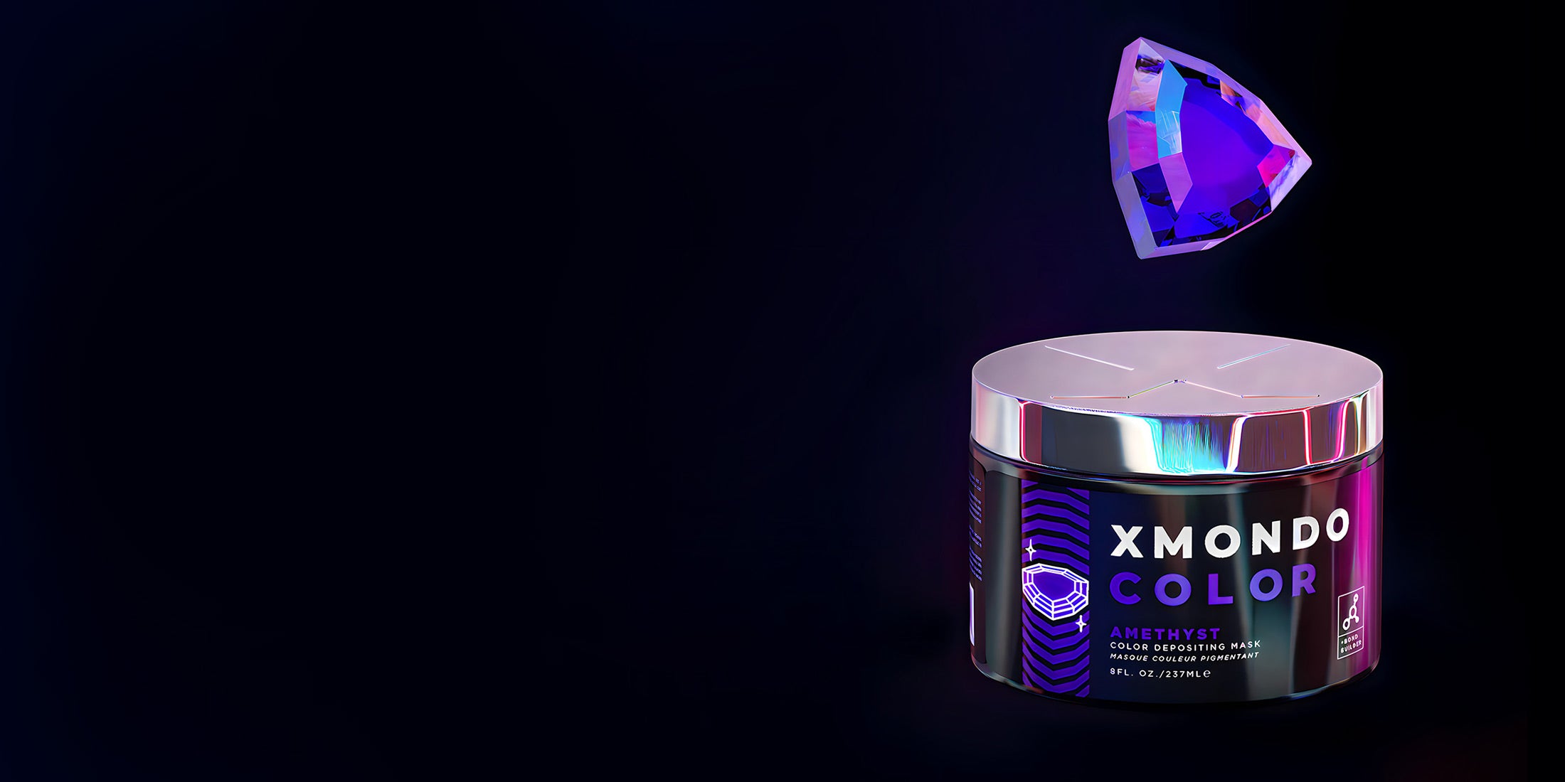Closeup of Amethyst Color Depositing mask product on black background
