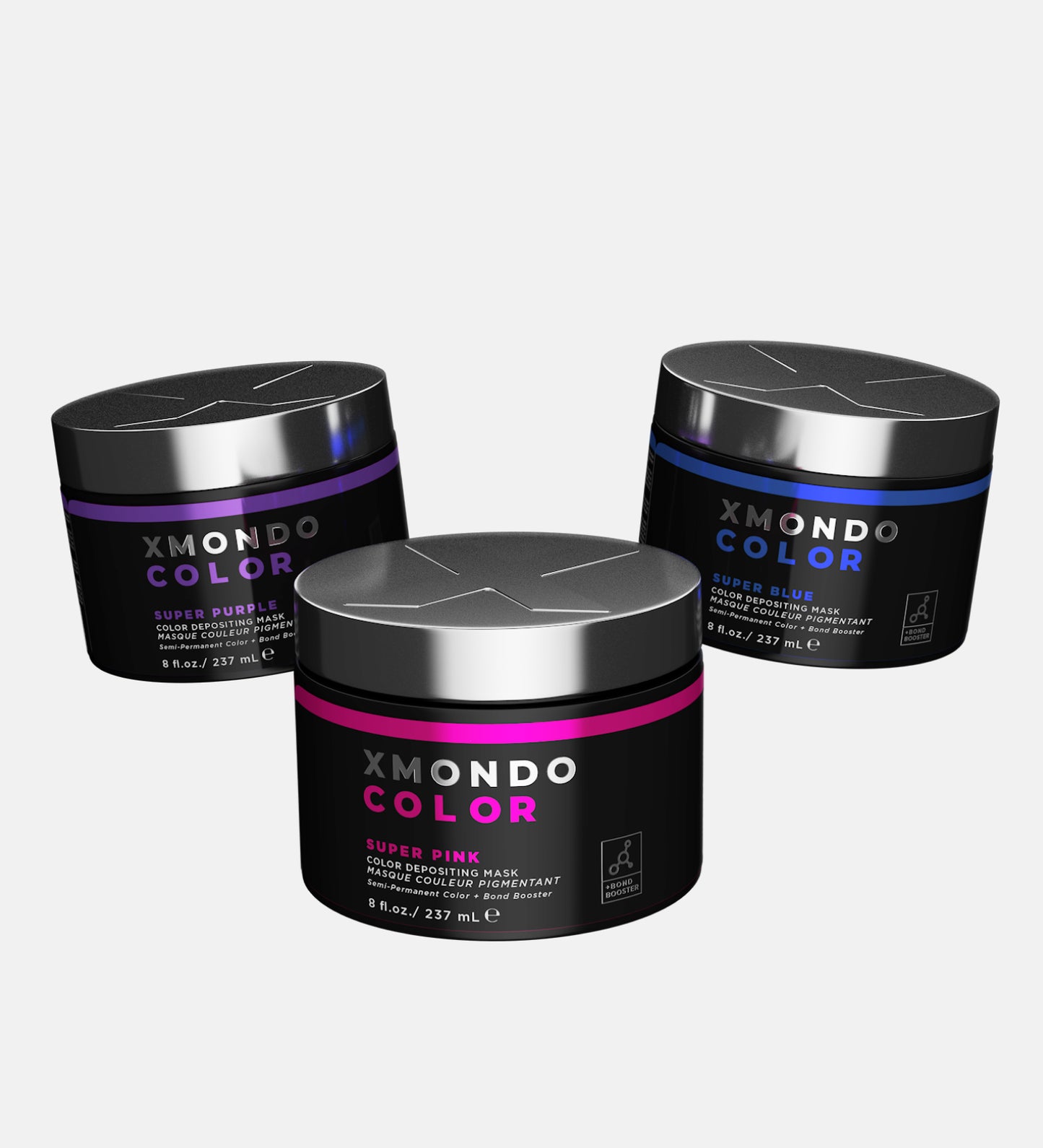 Product shot of Super Blue, Super Pink, and Super Purple hair healing color on white background