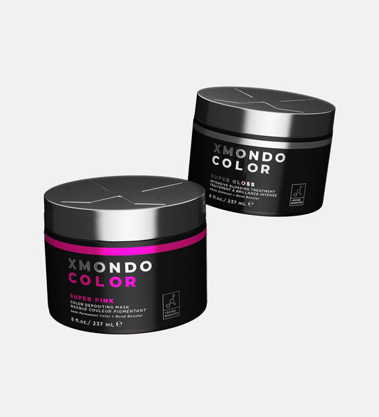 Product shot of Super Pink and Super Gloss hair healing color on white background