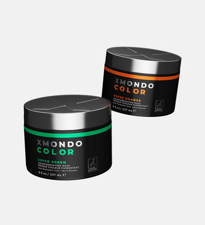 Product shot of Super Orange and Super Green hair healing color on white background
