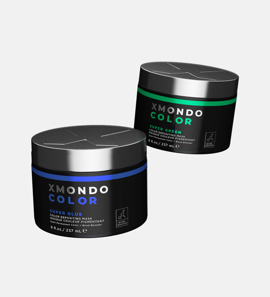 Product shot of Super Blue and Super Green hair healing color on white background
