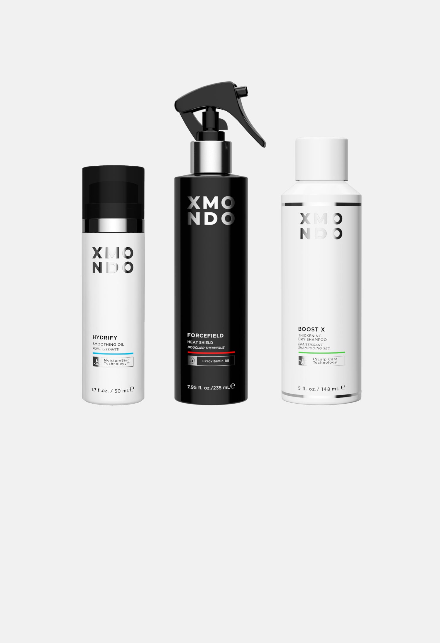 Three XMONDO hair care products on a white background