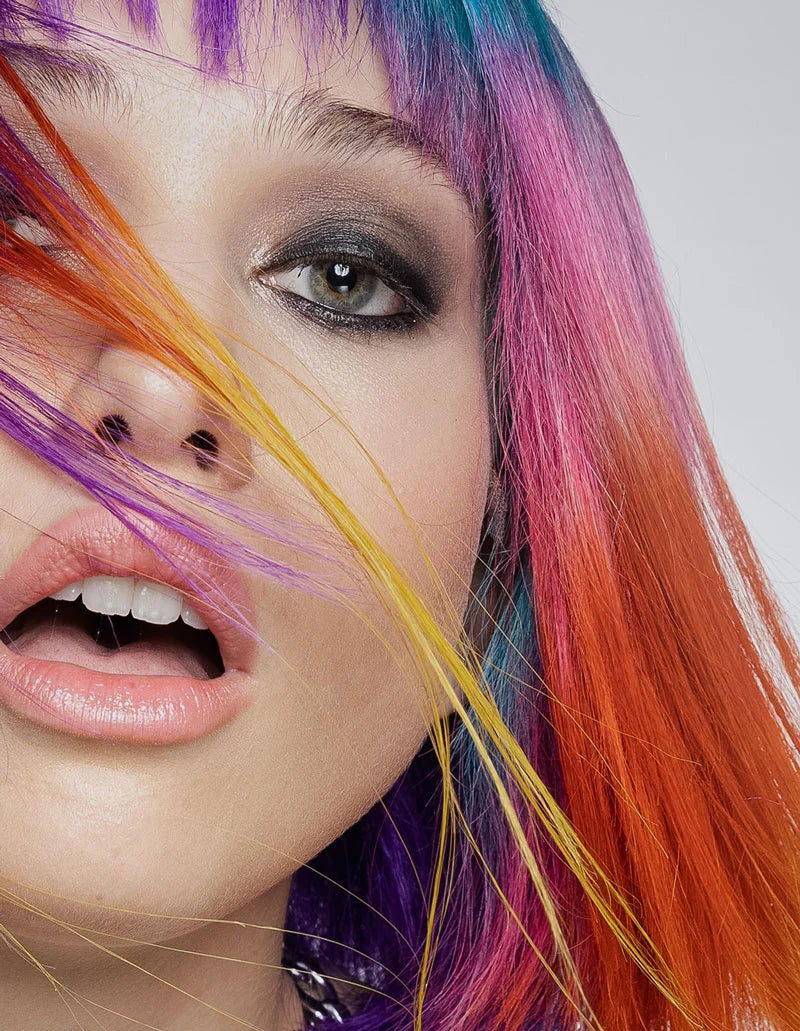 Closeup of female model with colorful hair