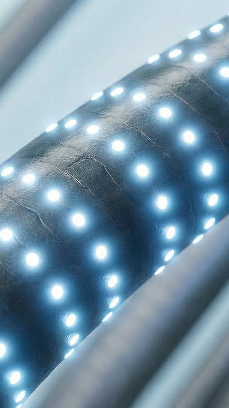 Photoluminescent actives transform light into visible radiance across the hair surface.