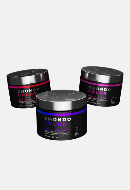 Three jars of Xmondo Color hair product on a light gray background