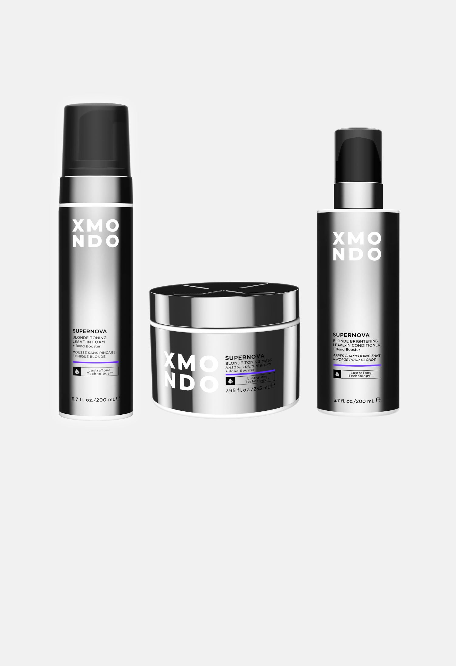 XMONDO hair care products including a can, jar, and bottle on a white background
