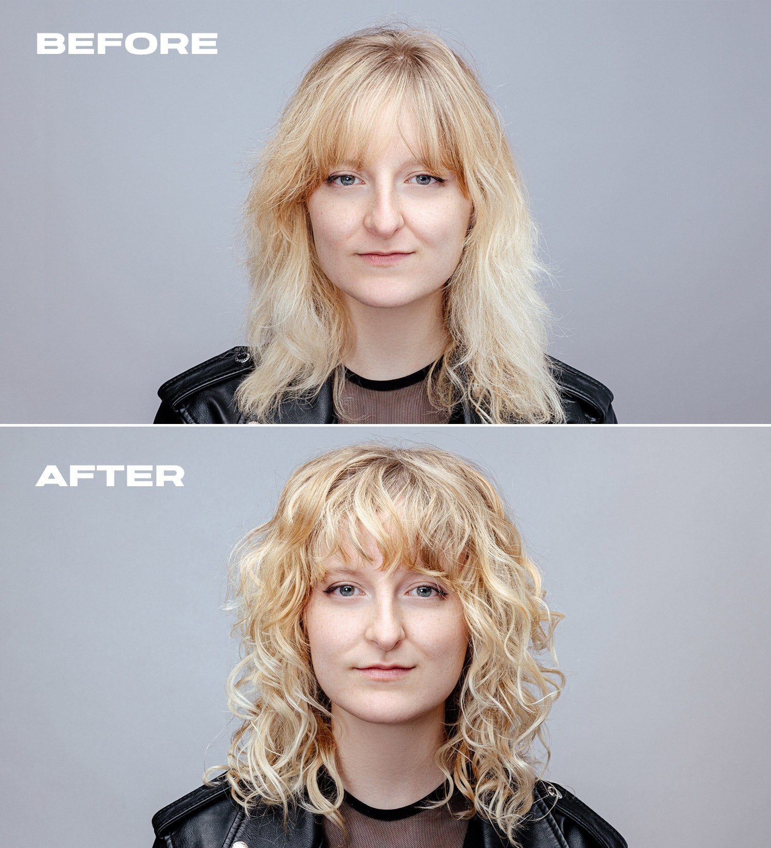 Female model before and after example of hair after using Wavetech Wave Shampoo